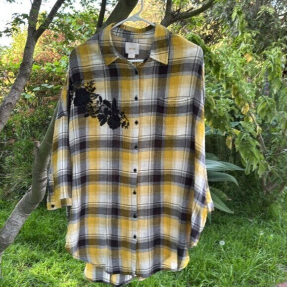 Anthropologie (XS/S) Maeve Checkered All Day Wear Yellow & Black Oversized Shirt - Picture 2 of 8